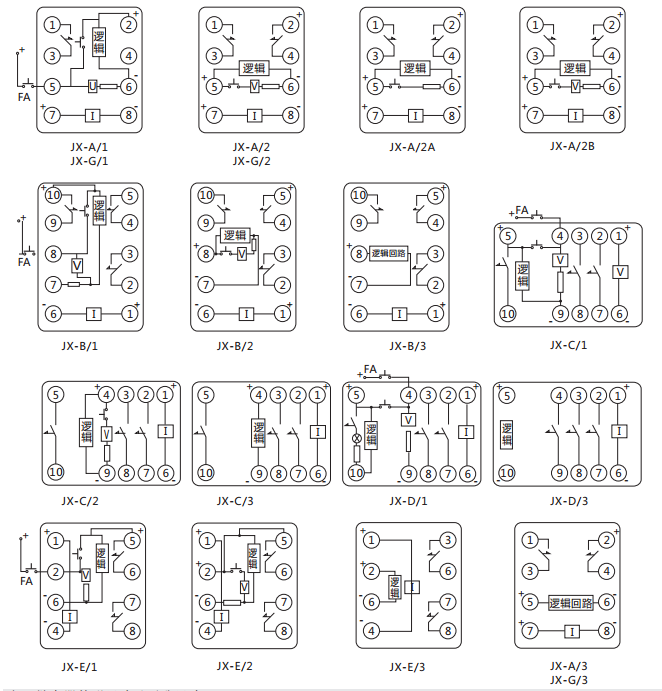 JX-D/1靜態信號繼電器內部接線及外引接線圖（正視圖）