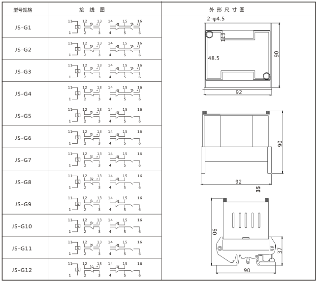 JS-G8端子排靜態(tài)時(shí)間繼電器內(nèi)部端子外引圖及安裝開(kāi)孔尺寸圖片
