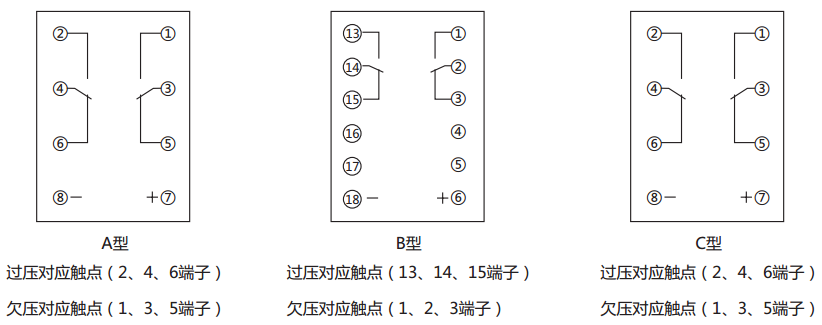 JCDY-2A/48V直流電壓繼電器內部接線及外引接線圖(背視圖)