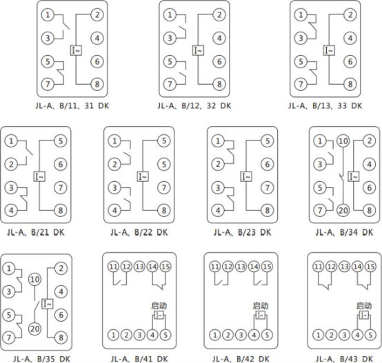 JL-A、B/41 DK無輔源電流繼電器內部接線及外引端子圖（正視圖）